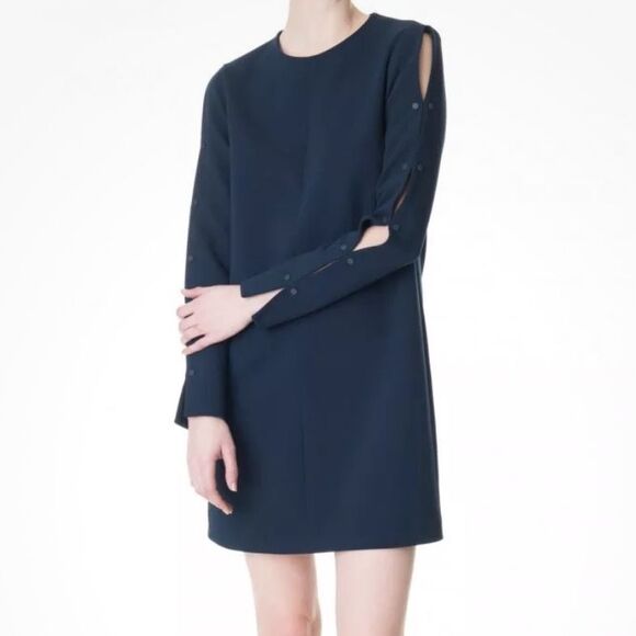 Tibi Structured Crepe Navy Blue Shift Dress Long Studded Sleeves Mini Cocktail 2 - Picture 1 of 14